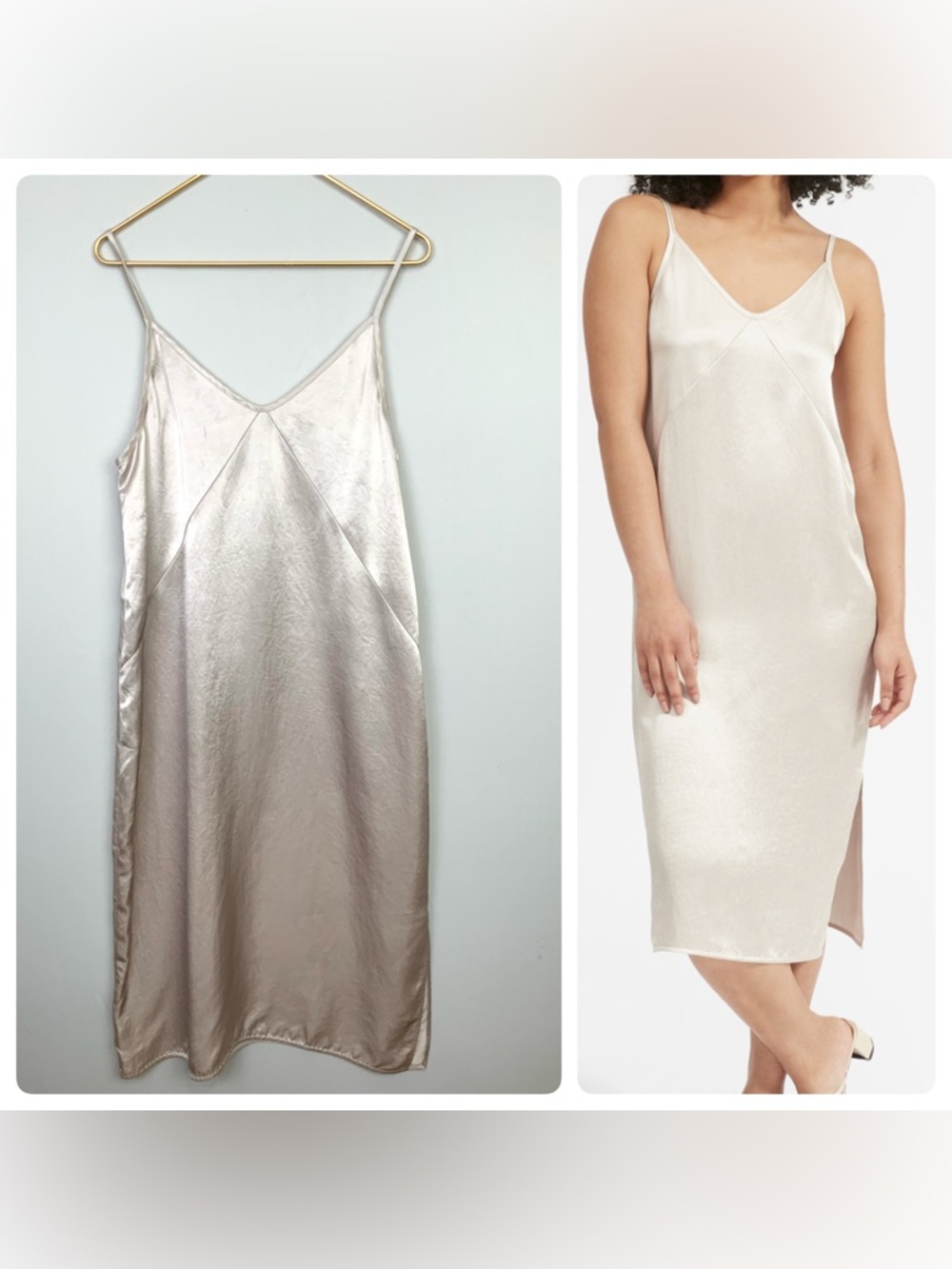 Everlane Sz 10 The Party Slip Dress Champagne Silver Satin Midi Minimalist‎ Slit